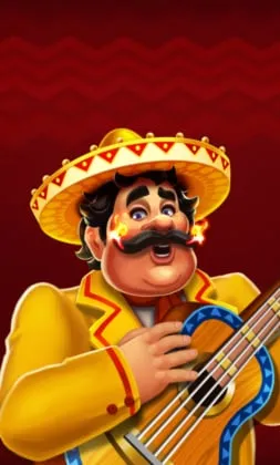 Slot-Cover mit Gitarrist im gelben Anzug und Sombrero